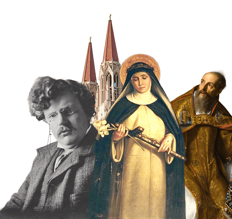 gk chesteron, st augustine, and st Catherine standing in front of a church.