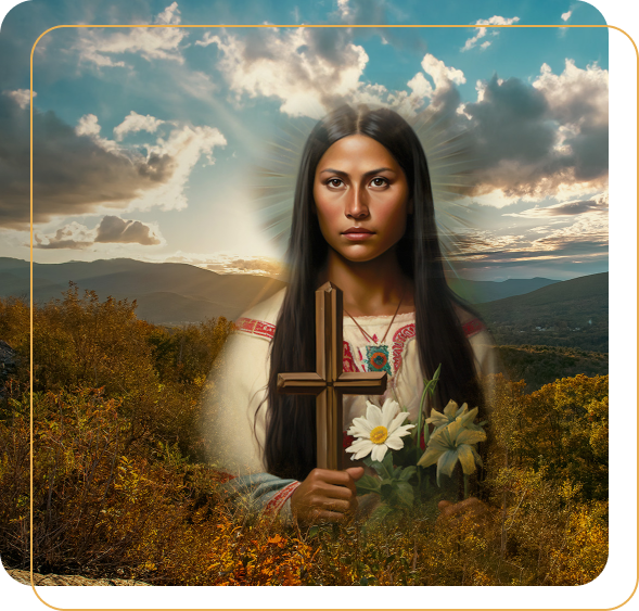 Image of St. Kateri overlaying a sunset.